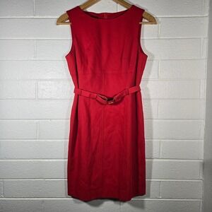 Vtg Laurel Red Virgin Wool‎ Belted Sheath Dress 40 Germany Classic Office Career